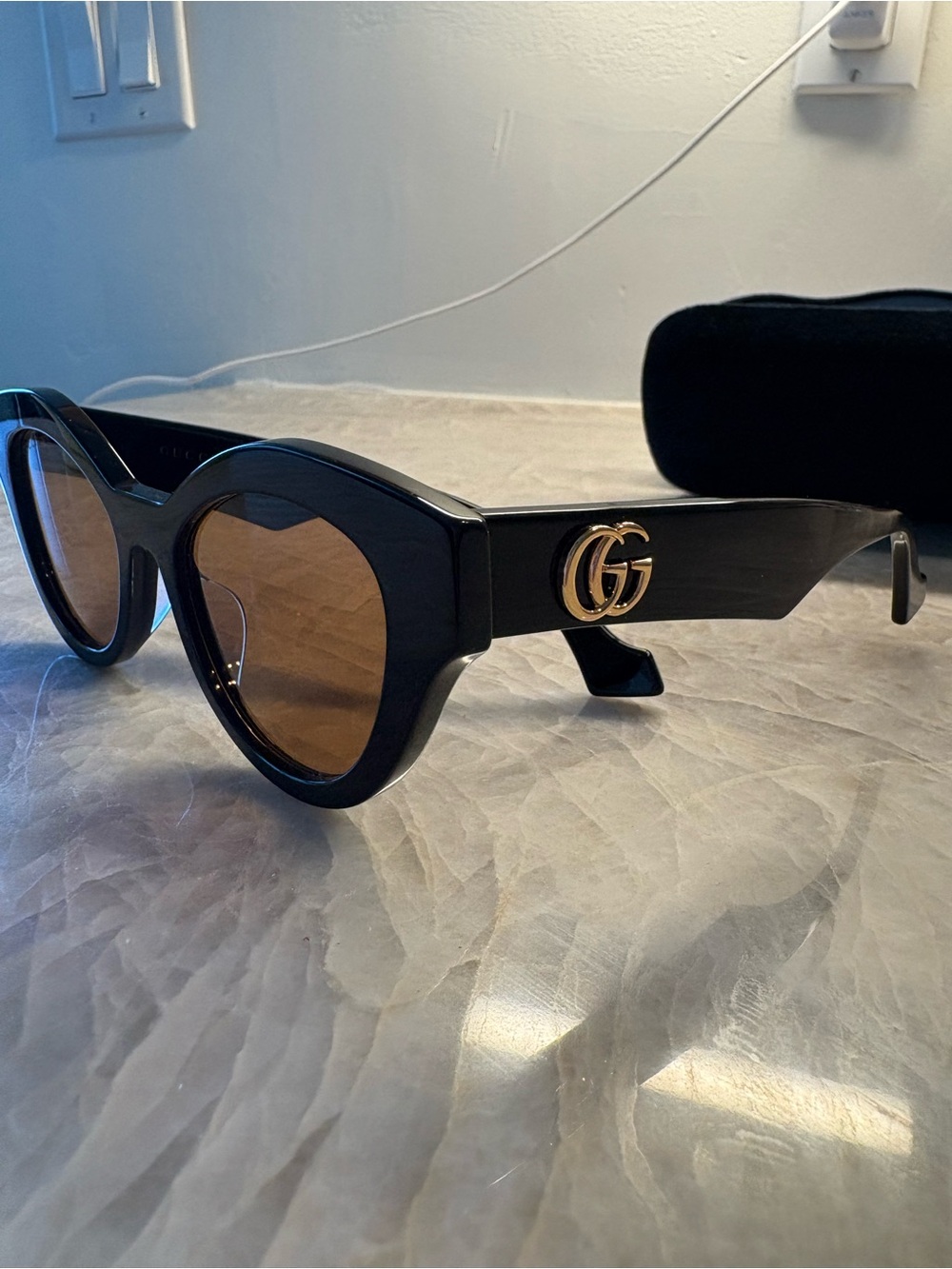 Gucci Black Sunglasses with Gold Double-G and Brown Lenses